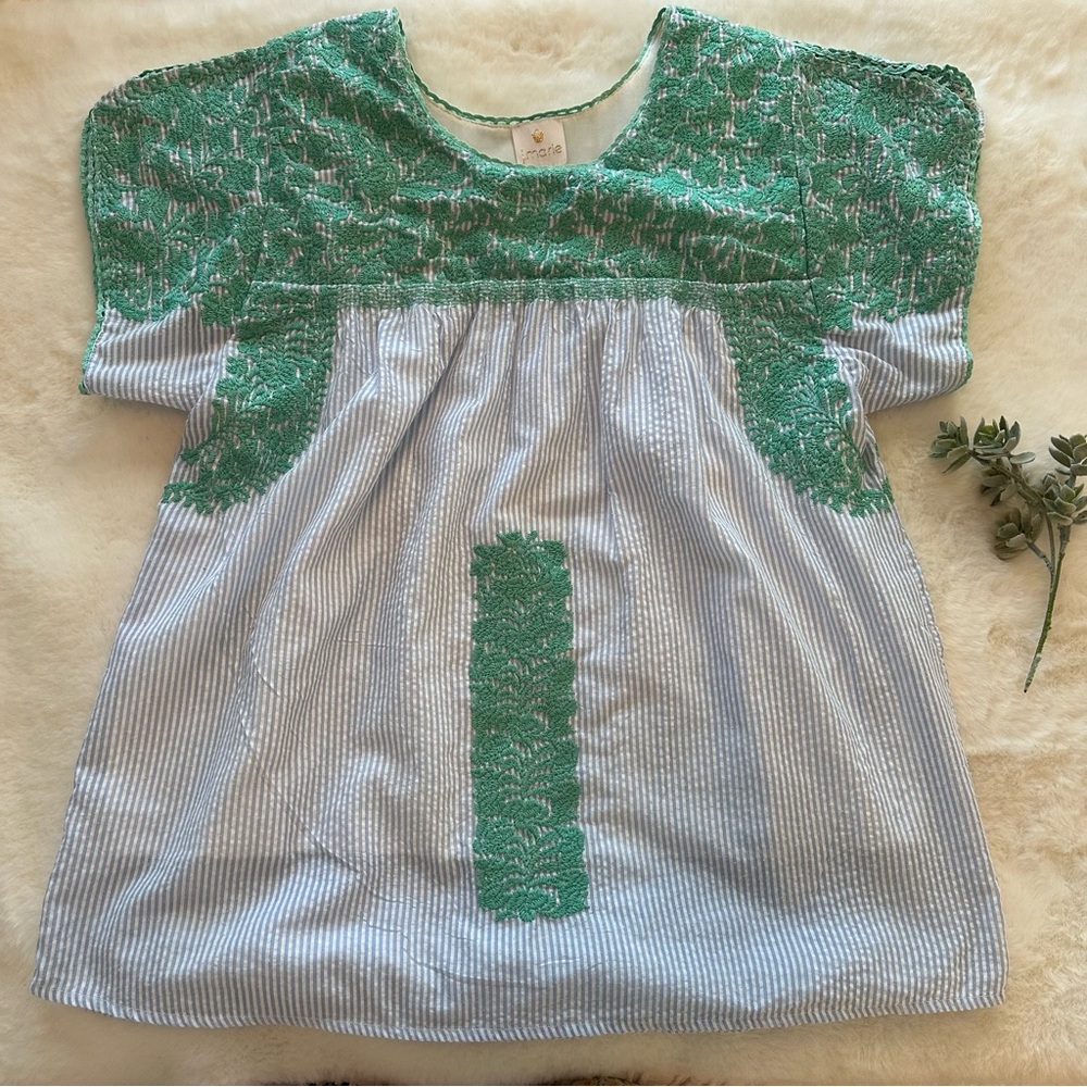 J.Marie | EUC - Seersucker w/ Aqua Embroidery - Size S